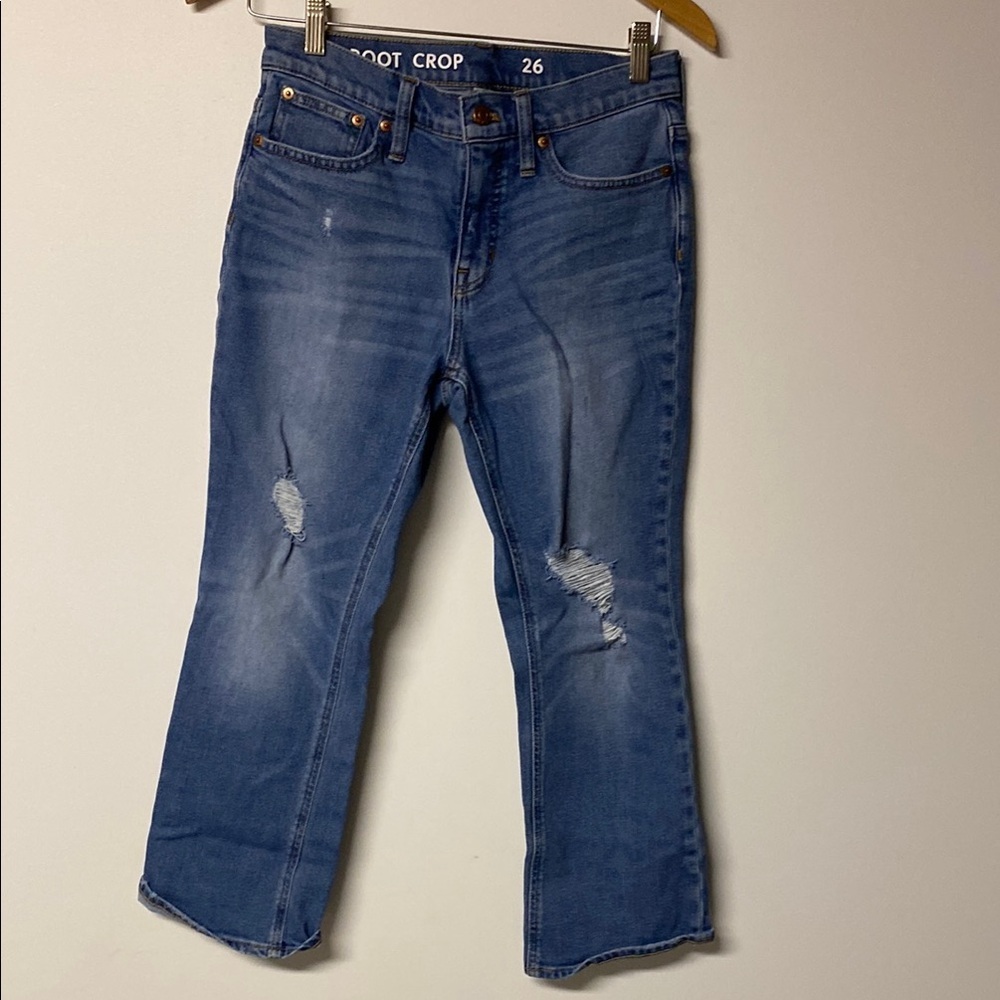 J. Crew Blue Ankle Cropped Jeans with Distressed Details